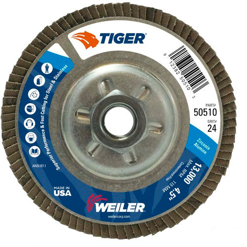 4-1/2″ Tiger Disc Abrasive Flap Disc, Angled, Alum. Backing, 24Z, 5/8″-11 UNC Nut - All Tool & Supply