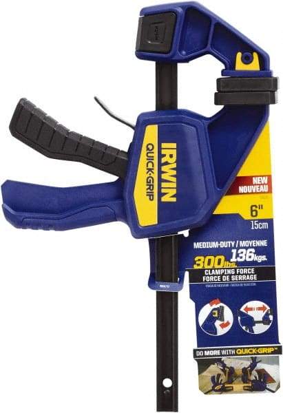 Irwin - 6" Capacity, 3-3/16" Throat Depth Carbon Steel Bar Clamp - 300 Lb Clamping Pressure, 13-1/4" OAL, 339.73mm Max Spread - All Tool & Supply