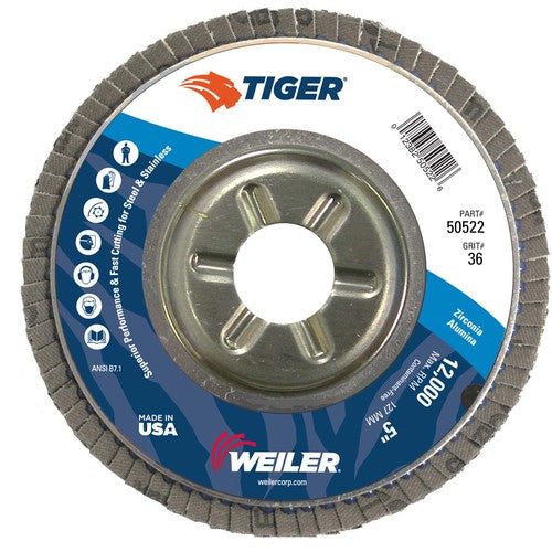 5″ Tiger Disc Abrasive Flap Disc, Angled, Alum. Backing, 36Z, 7/8″ Arbor Hole - All Tool & Supply