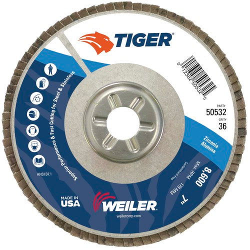 7″ Tiger Disc Abrasive Flap Disc, Angled, Alum. Backing, 36Z, 7/8″ Arbor Hole - All Tool & Supply