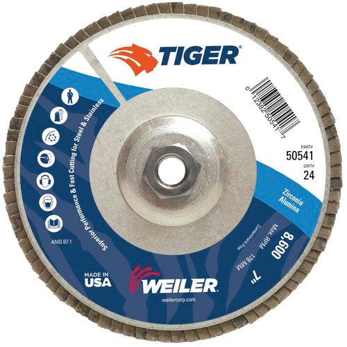 7″ Tiger Disc Abrasive Flap Disc, Angled, Alum. Backing, 24Z, 5/8″-11 UNC Nut - All Tool & Supply