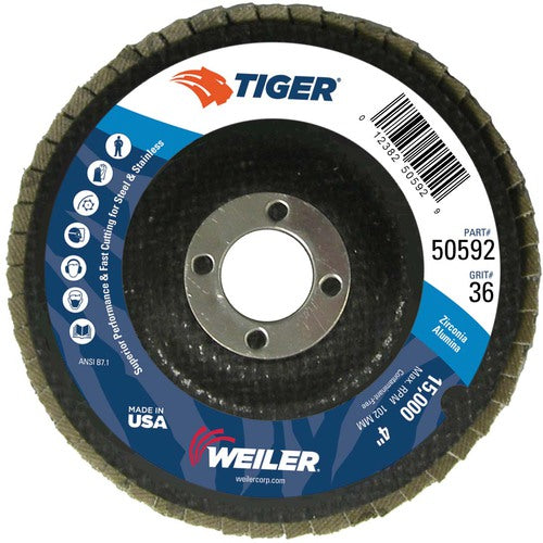 4″ Tiger Disc Abrasive Flap Disc, Angled, Phenolic Backing, 36Z, 5/8″ Arbor Hole - All Tool & Supply