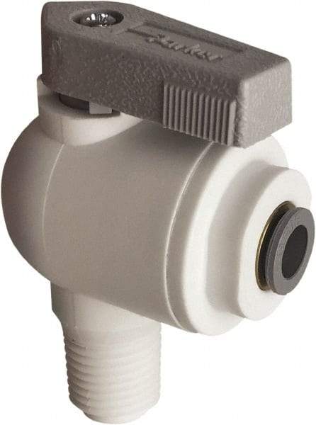 Parker - 1/8" Pipe, Full Port, Polypropylene Valve Male Elbow Ball Valve - Bi-Directional, MNPT x Push-to-Connect Ends, Wedge Handle, 150 WOG - All Tool & Supply