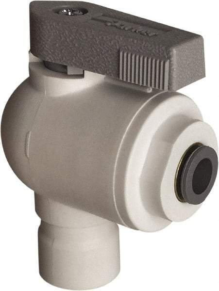 Parker - 1/4 x 3/8" Pipe, Full Port, Polypropylene Valve Elbow Union Ball Valve - Bi-Directional, Push-to-Connect x Push-to-Connect Ends, Wedge Handle, 150 WOG - All Tool & Supply