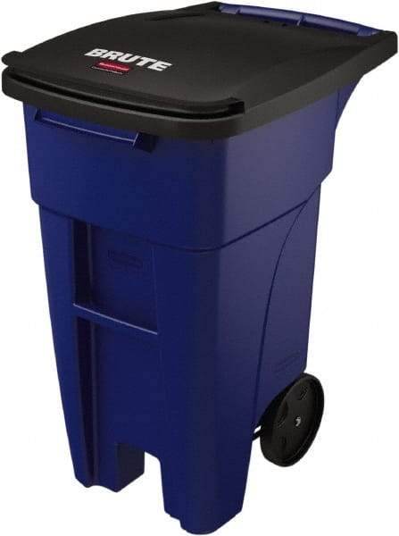 Rubbermaid - 32 Gal Blue Rectangle Trash Can - Plastic, None Graphic, 37.16" High x 20.62" Wide, Lid Included - All Tool & Supply