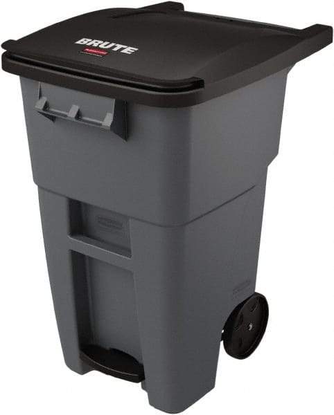 Rubbermaid - 50 Gal Gray Rectangle Trash Can - Plastic, None Graphic, 39.58" High x 24" Wide, Lid Included - All Tool & Supply