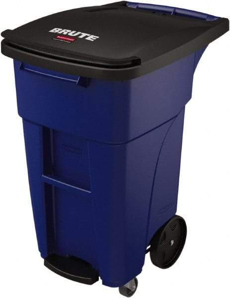 Rubbermaid - 32 Gal Blue Rectangle Trash Can - Plastic, None Graphic, 37.16" High x 20.62" Wide, Lid Included - All Tool & Supply