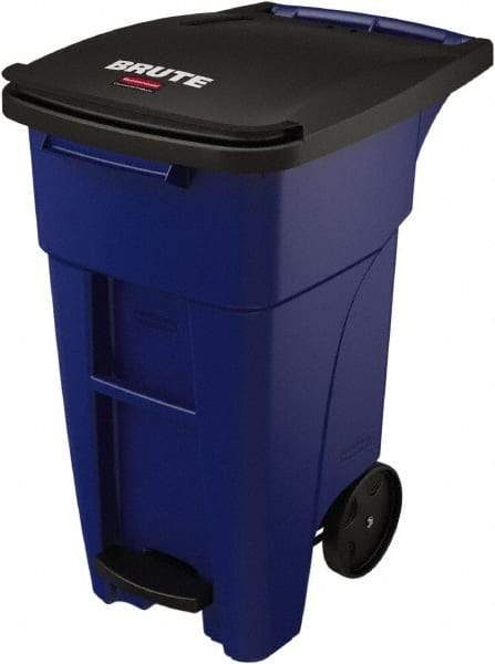 Rubbermaid - 32 Gal Blue Rectangle Trash Can - Plastic, None Graphic, 37.16" High x 20.62" Wide, Lid Included - All Tool & Supply