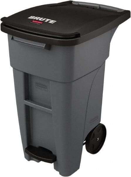 Rubbermaid - 32 Gal Gray Rectangle Trash Can - Plastic, None Graphic, 37.16" High x 20.62" Wide, Lid Included - All Tool & Supply