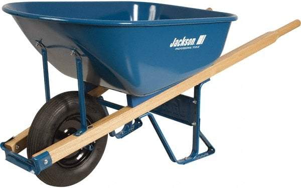 Jackson Professional Tools - 6 Cu Ft Capacity Wheelbarrow with 16" Pneumatic Wheel - Wood Handle, 58-3/4" Long x 25-1/2" Wide x 27" High, Blue - All Tool & Supply