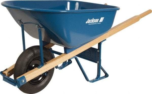 Jackson Professional Tools - 6 Cu Ft Capacity Wheelbarrow with 15" Flat Free Wheel - Wood Handle, 58-3/4" Long x 25-1/2" Wide x 27" High, Blue - All Tool & Supply