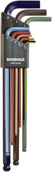 Bondhus - 9 Piece L-Key Ball End Hex Key Set - Hex Range 1.5 to 10mm, 8.4" OAL - All Tool & Supply