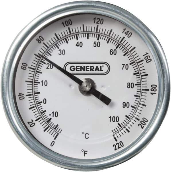 General - 36 Inch Long Stem, 3 Inch Dial Diameter, Back Connected Bi-Metal Thermometer - 220°Fahrenheit - All Tool & Supply