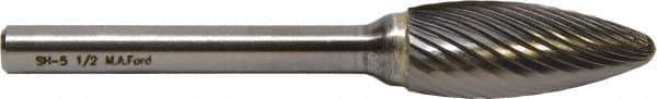 M.A. Ford - 1/8" Cut Diam, 1/8" Shank Diam, Flame Head Fine Cut Burr - Carbide, Radius End, 1/4" LOC, 3" OAL - All Tool & Supply