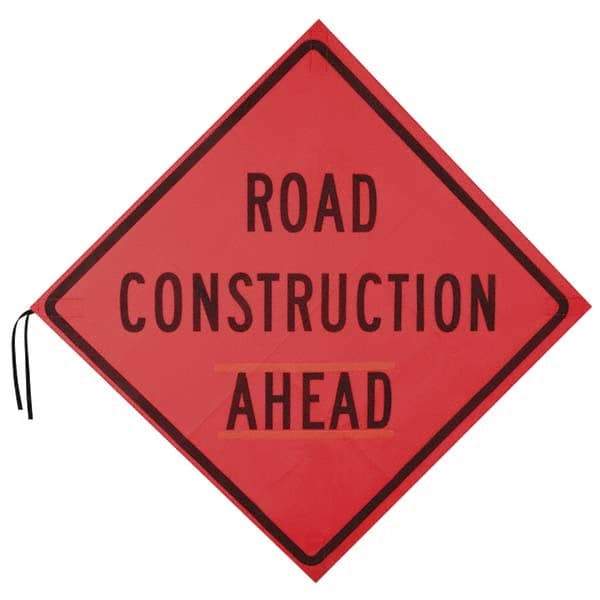 PRO-SAFE - "Road Construction Ahead", 48" Wide x 48" High, Nylon Construction Roadway Signs - Orange, Square, Sign Stand Mount - All Tool & Supply