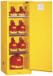 Justrite - 1 Door, 3 Shelf, Yellow Steel Space Saver Safety Cabinet for Flammable and Combustible Liquids - 65" High x 23-1/4" Wide x 18" Deep, Self Closing Door, 22 Gal Capacity - All Tool & Supply