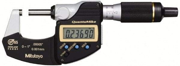 Mitutoyo - 0.001 mm Resolution, Standard Throat, Electronic Outside Micrometer - Includes Stand - All Tool & Supply