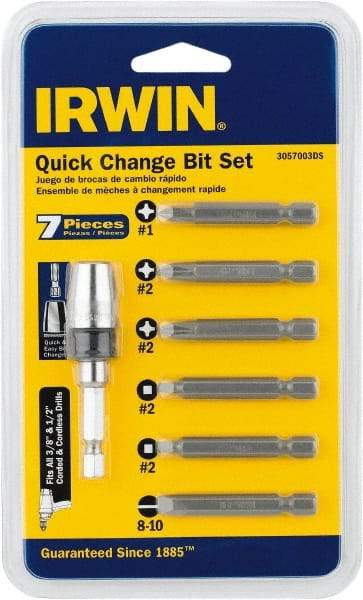 Irwin - 7 Piece, 1/4" Drive Screwdriver Drive Guide Set - #1 to #2 Phillips, 0.05 to 1/4" Hex, 1.27 to 10mm Hex, #1 & #2 Square Recess - All Tool & Supply