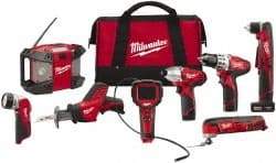 Milwaukee Tool - 12 Volt Cordless Tool Combination Kit - Includes 3/8" Drill/Driver, 3/8" Right Angle Drill Driver, Reciprocating Saw, Multi-Tool, 1/4" Hex Impact Driver & Radio, Lithium-Ion Battery Not Included - All Tool & Supply