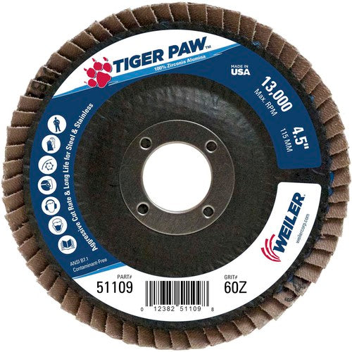 4 1/2″ × 7/8″-60 Grit - T27 Tiger Paw Zirc Flap Disc Phenolic Back - All Tool & Supply