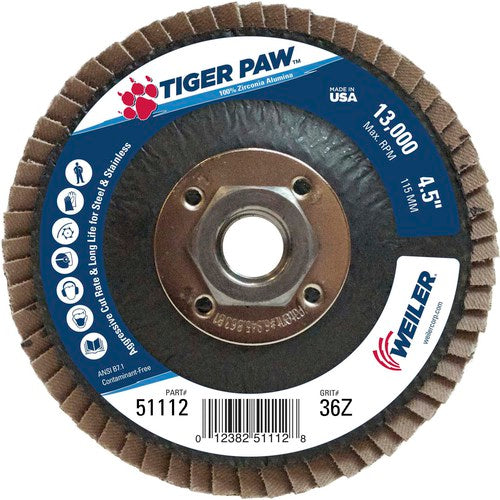 4 1/2″ × 5/8″-11-36 Grit - T27 Tiger Paw Zirc Flap Disc Phenolic Back - All Tool & Supply