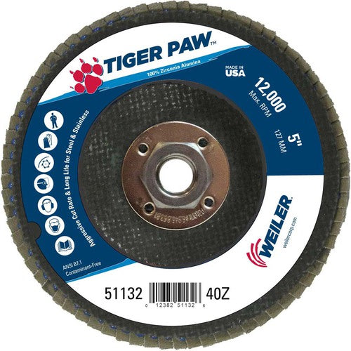 5″ Tiger Paw Abrasive Flap Disc, Flat, Phenolic Backing, 40Z, 5/8″-11 Arbor Hole - All Tool & Supply