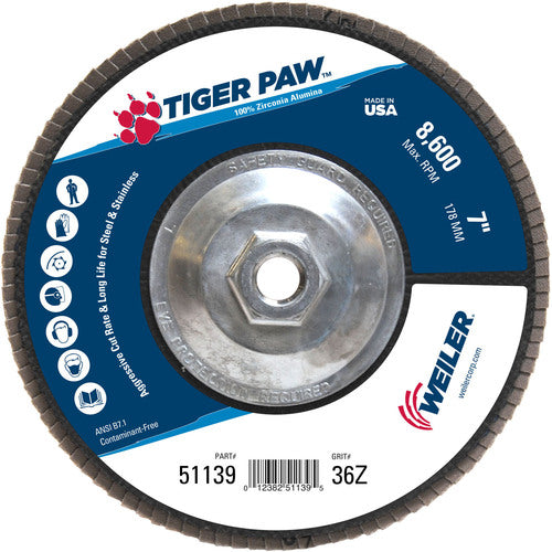 7″ Tiger Paw Abrasive Flap Disc, Flat, Phenolic Backing, 36Z, 5/8″-11 Arbor Hole - All Tool & Supply