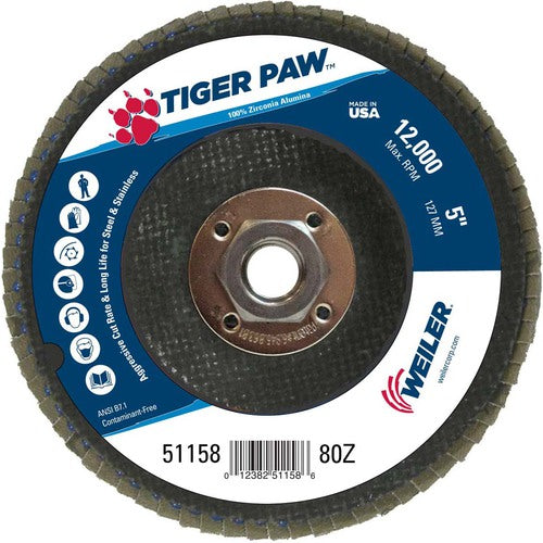 5″ Tiger Paw Abrasive Flap Disc, Angled, Phenolic Backing, 80Z, 5/8″-11 Arbor Hole - All Tool & Supply