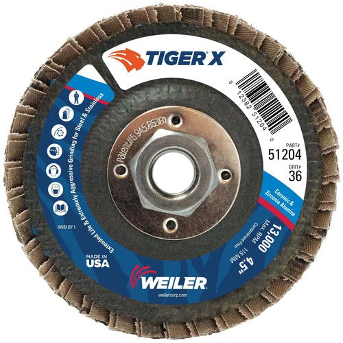 4 1/2″ Diameter - Tiger X Flap Disc, Angled, Phenolic Backing, 36Z, 5/8″ Diameter - 11 UNC Nut - All Tool & Supply