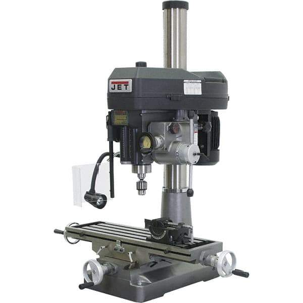 Jet - 1 Phase, 15-7/8" Swing, Variable Speed Pulley Mill Drill Combination - 9-1/2" Table Length x 32-1/4" Table Width, 20-1/2" Longitudinal Travel, 7" Cross Travel, 12 Spindle Speeds, 2 hp, 230 Volts - All Tool & Supply