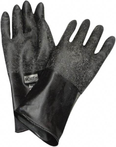 North - Size L (9), 14" Long, 14 mil Thick, Butyl Chemical Resistant Gloves - Rough Finish, Rolled Cuff, Black, FDA Approved - All Tool & Supply