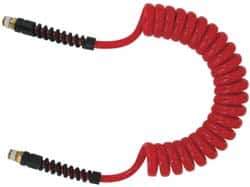 PRO-SOURCE - 5/16" ID, 1/4 Thread, 20' Long, Red Polyurethane Coiled & Self Storing Hose - 185 Max psi, Male Swivel x Male Swivel - All Tool & Supply