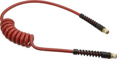 PRO-SOURCE - 1/4" ID, 1/4 Thread, 5' Long, Red Polyurethane Coiled & Self Storing Hose - 220 Max psi, Male Swivel x Male Swivel - All Tool & Supply