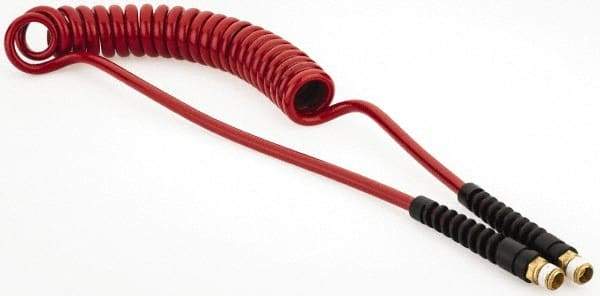 PRO-SOURCE - 1/4" ID, 1/4 Thread, 10' Long, Red Polyurethane Coiled & Self Storing Hose - 220 Max psi, Male Swivel x Male Swivel - All Tool & Supply