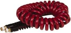 PRO-SOURCE - 1/4" ID, 1/4 Thread, 15' Long, Red Polyurethane Coiled & Self Storing Hose - 220 Max psi, Male Swivel x Male Swivel - All Tool & Supply