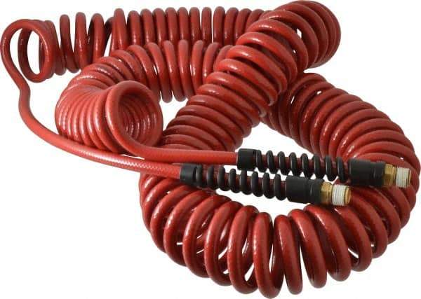 PRO-SOURCE - 1/4" ID, 1/4 Thread, 50' Long, Red Polyurethane Coiled & Self Storing Hose - 220 Max psi, Male Swivel x Male Swivel - All Tool & Supply