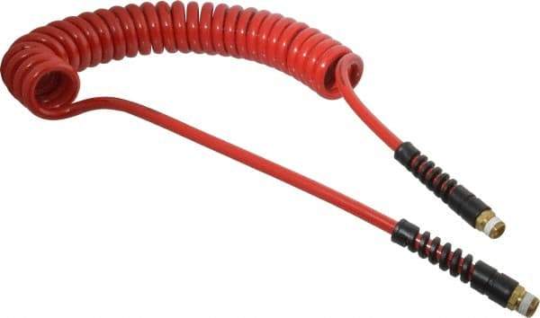 PRO-SOURCE - 5/16" ID, 3/8 Thread, 15' Long, Red Polyurethane Coiled & Self Storing Hose - 185 Max psi, Male Swivel x Male Swivel - All Tool & Supply