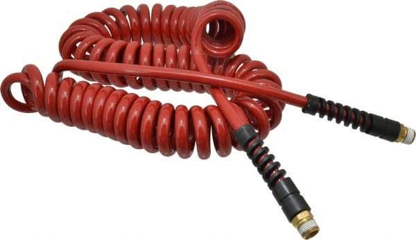 PRO-SOURCE - 5/16" ID, 3/8 Thread, 25' Long, Red Polyurethane Coiled & Self Storing Hose - 185 Max psi, Male Swivel x Male Swivel - All Tool & Supply