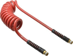 PRO-SOURCE - 3/8" ID, 3/8 Thread, 10' Long, Red Polyurethane Coiled & Self Storing Hose - 200 Max psi, Male Swivel x Male Swivel - All Tool & Supply