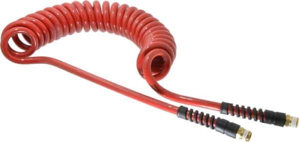 PRO-SOURCE - 3/8" ID, 3/8 Thread, 15' Long, Red Polyurethane Coiled & Self Storing Hose - 200 Max psi, Male Swivel x Male Swivel - All Tool & Supply