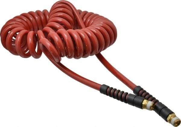 PRO-SOURCE - 3/8" ID, 3/8 Thread, 25' Long, Red Polyurethane Coiled & Self Storing Hose - 200 Max psi, Male Swivel x Male Swivel - All Tool & Supply