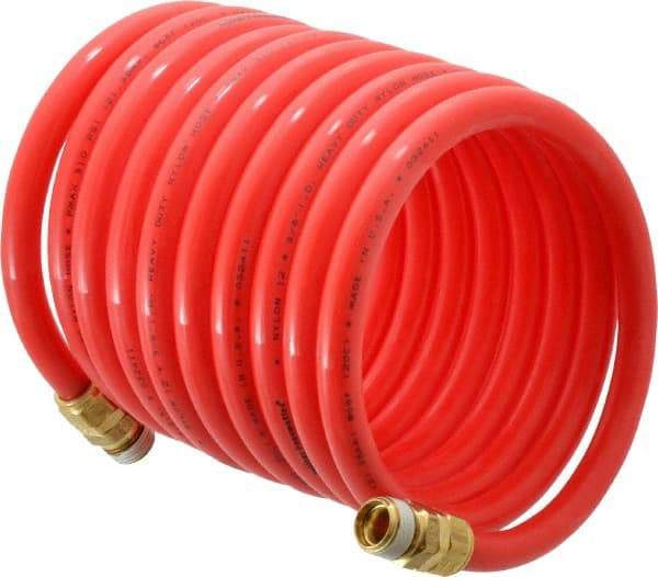 PRO-SOURCE - 3/8" ID, 3/8 Thread, 12' Long, Red Nylon Coiled & Self Storing Hose - 310 Max psi, Male Swivel x Male Swivel - All Tool & Supply