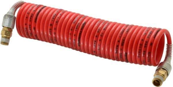 PRO-SOURCE - 1/8" ID, 1/8 Thread, 12' Long, Red Nylon Coiled & Self Storing Hose - 386 Max psi, Male Swivel x Male Swivel - All Tool & Supply