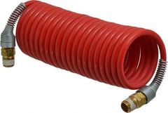 PRO-SOURCE - 3/16" ID, 1/4 Thread, 12' Long, Red Nylon Coiled & Self Storing Hose - 287 Max psi, Male Swivel x Male Swivel - All Tool & Supply