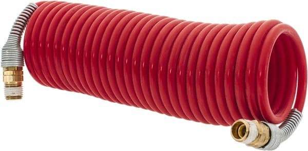 PRO-SOURCE - 3/16" ID, 1/4 Thread, 17' Long, Red Nylon Coiled & Self Storing Hose - 287 Max psi, Male Swivel x Male Swivel - All Tool & Supply