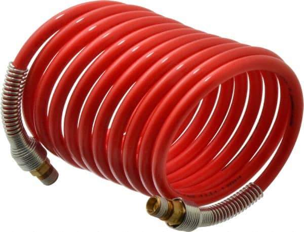 PRO-SOURCE - 5/16" ID, 1/4 Thread, 12' Long, Red Nylon Coiled & Self Storing Hose - 213 Max psi, Male Swivel x Male Swivel - All Tool & Supply