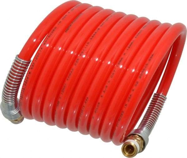 PRO-SOURCE - 3/8" ID, 3/8 Thread, 12' Long, Red Nylon Coiled & Self Storing Hose - 225 Max psi, Male Swivel x Male Swivel - All Tool & Supply