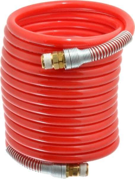 PRO-SOURCE - 3/8" ID, 3/8 Thread, 17' Long, Red Nylon Coiled & Self Storing Hose - 225 Max psi, Male Swivel x Male Swivel - All Tool & Supply