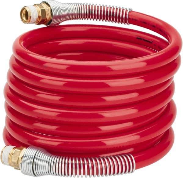 PRO-SOURCE - 1/2" ID, 1/2 Thread, 12' Long, Red Nylon Coiled & Self Storing Hose - 220 Max psi, Male Swivel x Male Swivel - All Tool & Supply