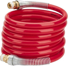 PRO-SOURCE - 1/2" ID, 1/2 Thread, 12' Long, Red Nylon Coiled & Self Storing Hose - 220 Max psi, Male Swivel x Male Swivel - All Tool & Supply